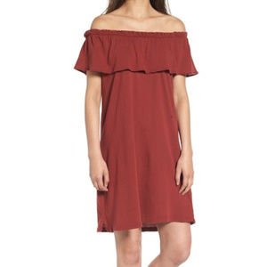 "The Ruffle Dress" Off the Shoulder Rosewood Red